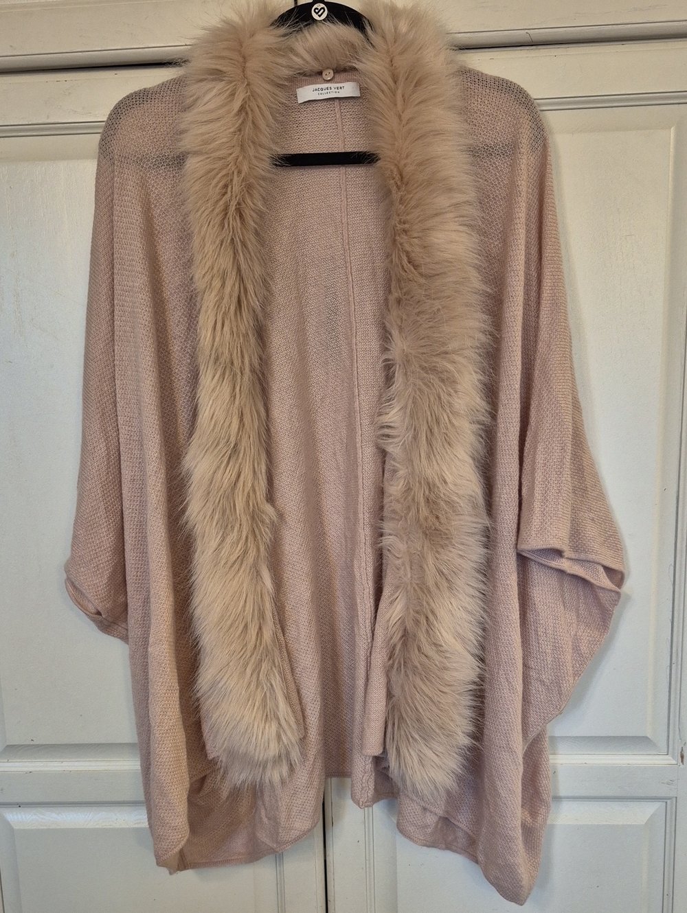 Light Blush Knit Draped Shrug with Plush Faux-Fur Trim Merino/Cashmere Blend